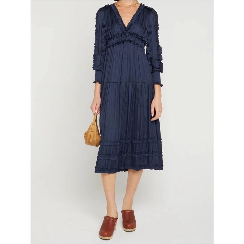 O.P.T. By Few Moda  Tianna Midi Dress S Blue Pleated Ruffle Tiered NWT